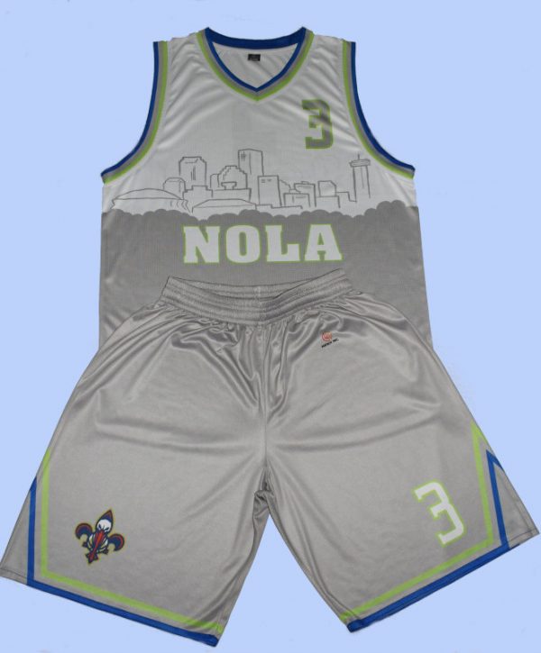 NOLA Basketball uniform with city skyline