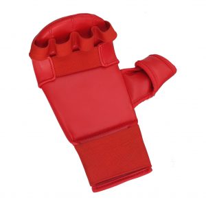 Tilted Front view of Karate glove highlighting for fingers, thumb and wrist