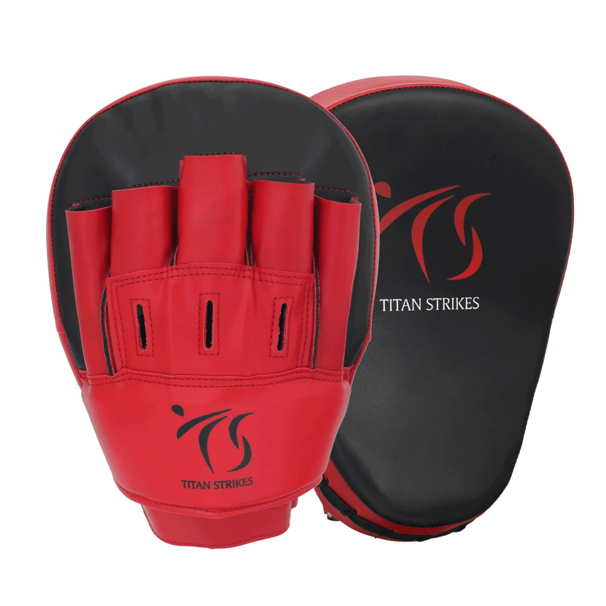 Front and back view of Titan Strikes focus boxing mitts, showcasing the Titan Strikes logo and finger channels.